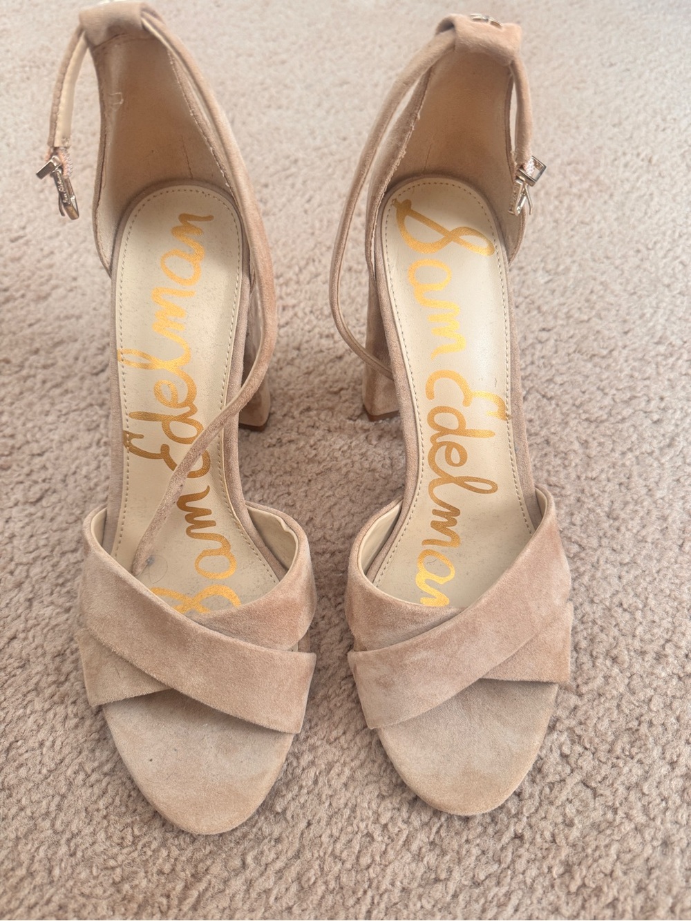 New Never Worn Sam Edelman Beige Suede Crisscross Ankle-Strap Heels